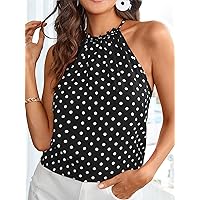 Women's Tops Shirts Sexy Tops for Women Polka Dot Frill Keyhole Back Halter Top Shirts for Women (Color : Black, Size : X-Small)