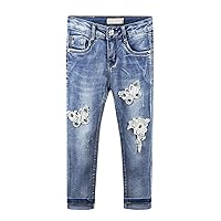 KIDSCOOL SPACE Girls Lace Butterfly Pearl Decor Elastic Band Inside Ripped Slim Jeans