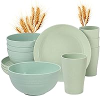 12pcs Wheat Straw Dinnerware Sets, Wheat Straw Plates and Bowls Set for 4 Microwave Safe (Green)