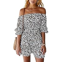 Brandless Women Off Shoulder Dresses Summer Leopard Print Ruffles Cocktail Party Mini Dress