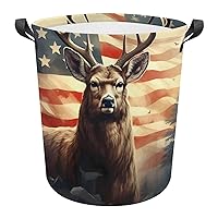 Hunting Deer USA Flag Laundry Baskets with Handles Waterproof Round Foldable Clothes Hampers Storage Bag Organizer