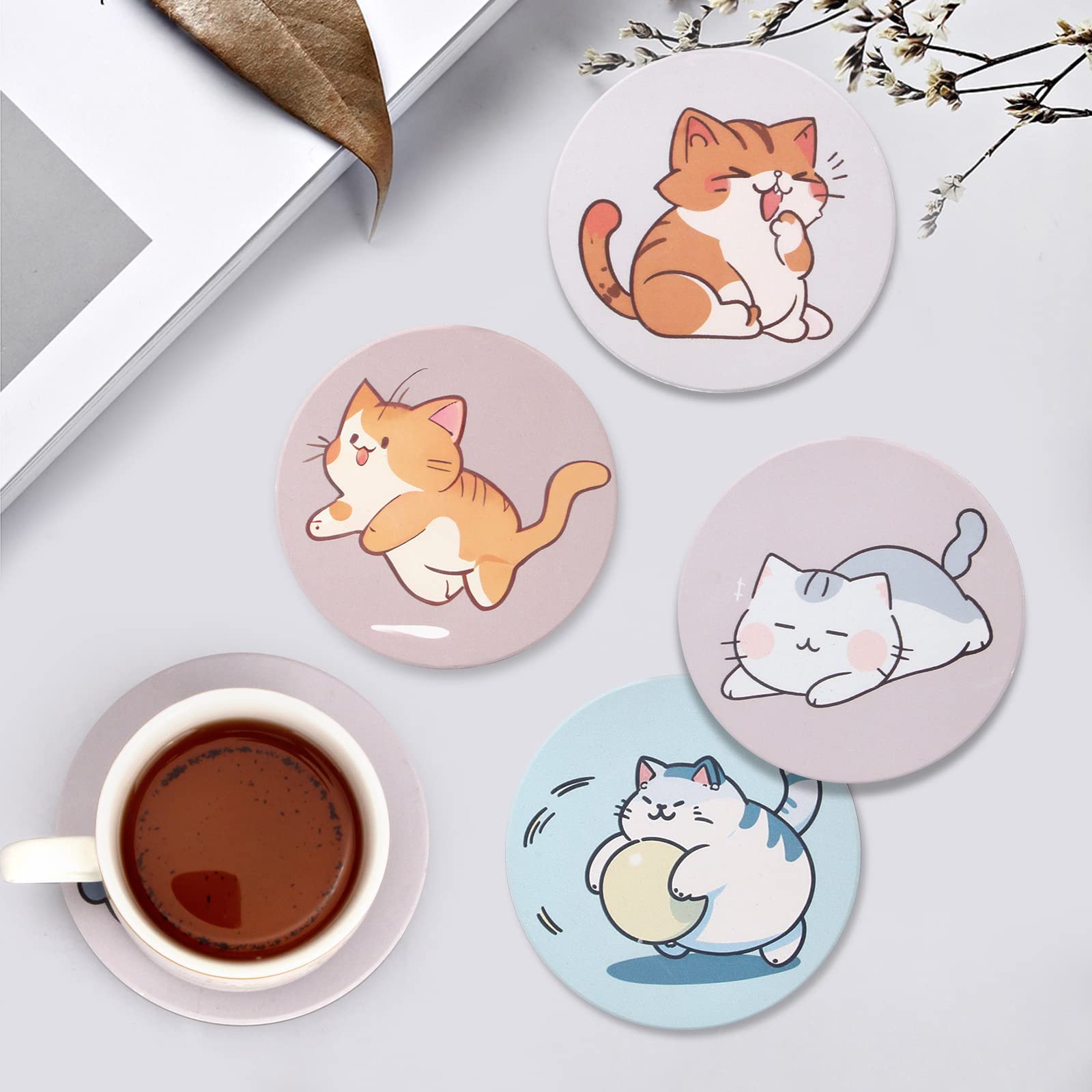 6 Pcs Cute Coasters Funny Cat Coasters with Holder Absorbent Ceramic Coasters for Table Drink Coaster Gift Round Multicolor Beverage Beer Coasters Best Fun Bar Coasters