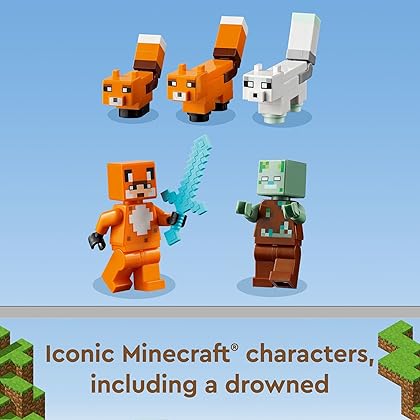 LEGO Minecraft The Fox Lodge House 21178 Animal Toys with Drowned Zombie Figure, Birthday Gift for Kids, Boys and Girls Age 8 Plus Years Old