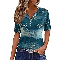 Short Sleeve Shirts for Women,Tops for Women Trendy Vintage Print V Neck Button Top Summer Tops for Women 2024
