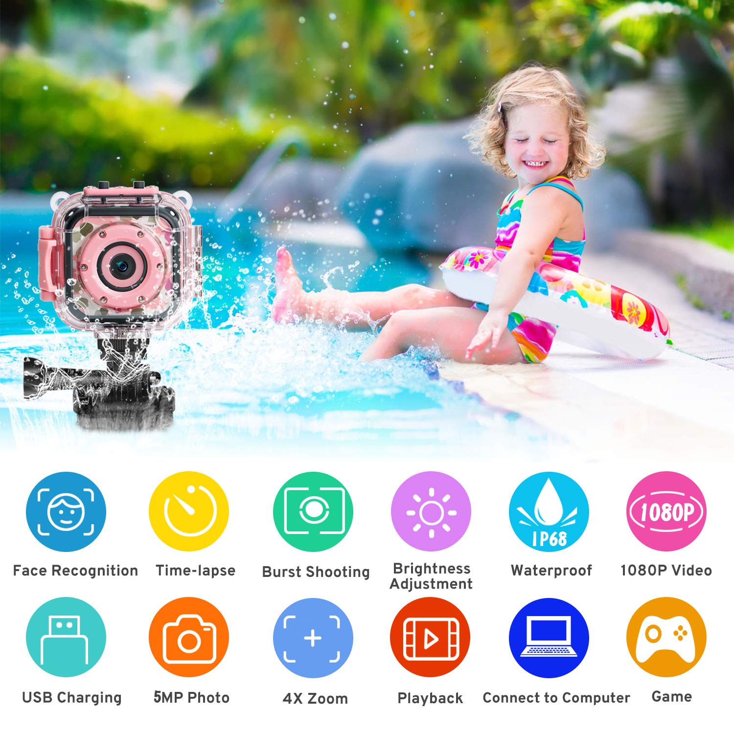 PROGRACE Kids Waterproof Camera Girls - Kids Video Camera Underwater 1080P HD Children Camcorder Digital Camera for Girls Holidays Birthday Toys Gifts 3 4 5 6 7 8 9 10 11 12 Year Old