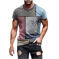 Summer Tops for Mens Vintage Color Block Short Sleeve T Shirt Casual 3D Geometric Patchwork Crew Neck Tees Shirts