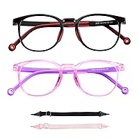 2 Pack Kids Blue Light Blocking Glasses, Computer Glasses with Rope, Anti Blurry and Eyestrain, Cut UV400 Anti Glare for Children Age 3-12 (Black Red, Purple)