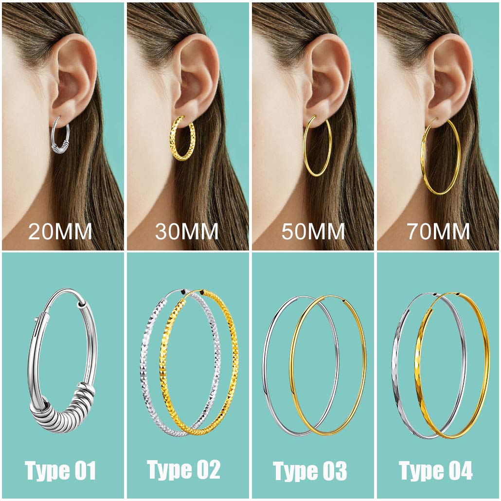Silvora Sterling Silver Hoop Earrings, Hypoallergenic Polished Endless Circle Hoops 18K Gold Jewelry Gifts for Women Girls 20mm/30mm/50mm/70mm with Delicate Packaging