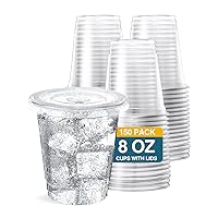 SHOPDAY 8 oz-Plastic-Cups-with-Lids - 150 Pack Disposable Clear Cups with Lids, Small Cups for Cold Drink Smoothie Food, Coffee Cups with Lids