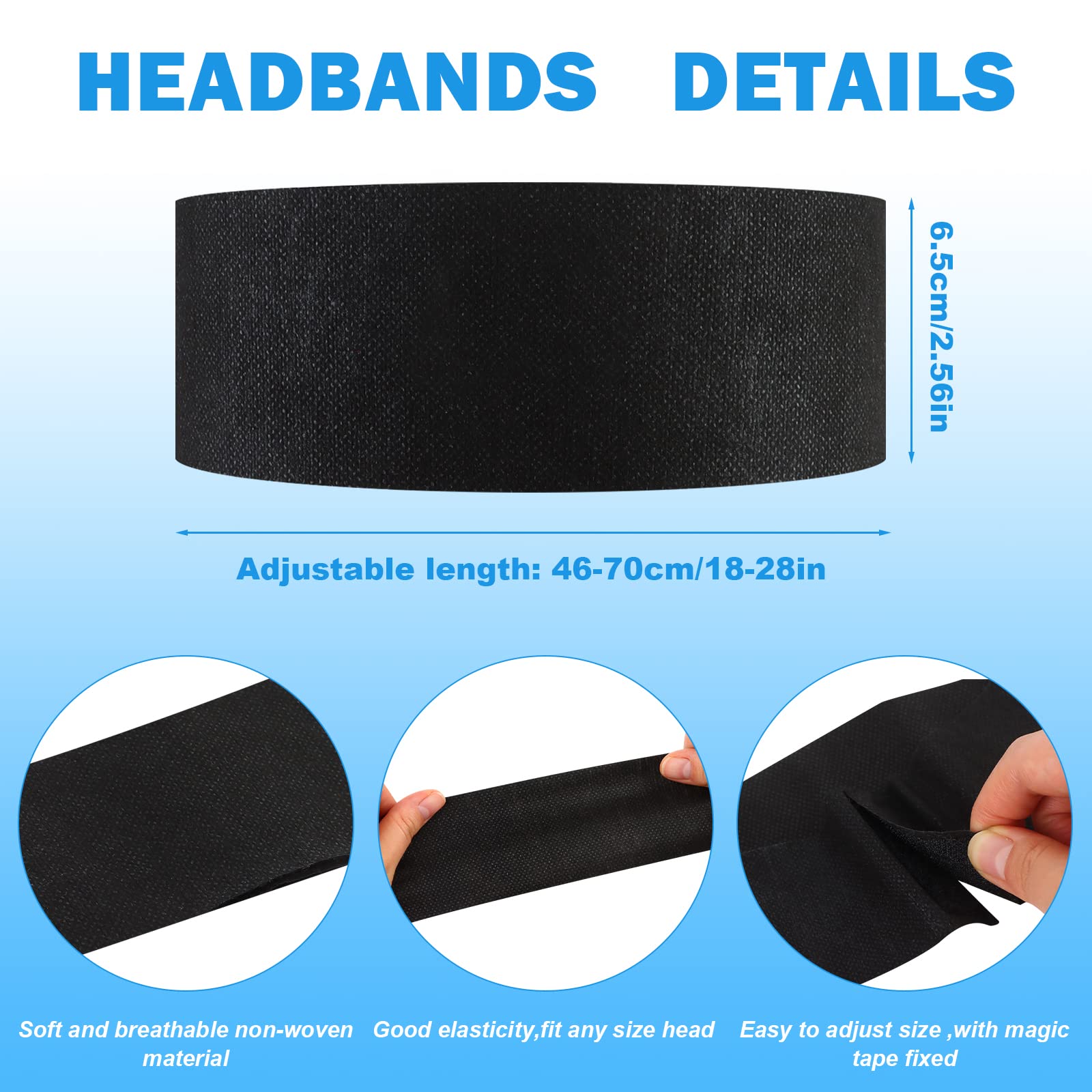 128 Pieces Disposable Spa Facial Headbands Stretch Non-Woven Facial Headband Soft Skin Care Hair Band with Convenient Closure for Women Girls Salons Esthetician Supplies, Black Large