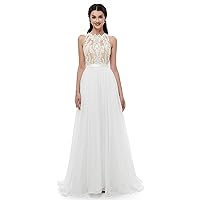 Women's Jewel Lace Applique Sleeveless Tulle Beach Wedding Dress White US2