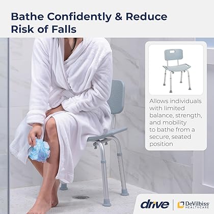 Drive Medical RTL12202KDR Shower Chair with Back, Adjustable Stool with Suction Feet, Shower Seat for Inside Shower or Tub, Bathroom Bench Bath Chair for Elderly and Disabled, 300 LB Weight Cap, Grey