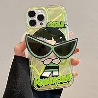 aowner Case for iPhone 15 Pro Max, Cute Kawaii Cartoon Girls Phone Cover with Sunglasses Stand Cool for Women Lady Teen Glitter Laser Card Shockproof Bumper Anti-Scratch Soft Protective Case, Green