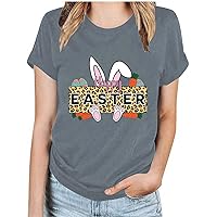 Women Happy Easter T-Shirt Bunny Eggs Carrot Print Shirts Funny Letter Graphic Tee Shirts Summer Short Sleeve Tops