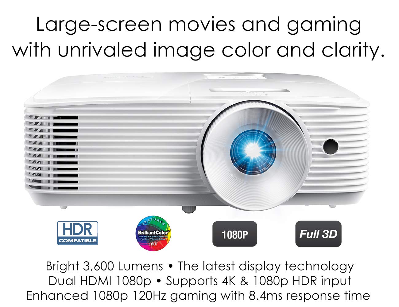 Optoma HD28HDR 1080p Home Theater Projector for Gaming and Movies | Support for 4K Input | HDR Compatible | 120Hz refresh rate | Enhanced Gaming Mode, 8.4ms Response Time | High-Bright 3600 lumens