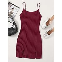 Women's Dress Ribbed Cami -Slit Bodycon Mini Dress (Color : Maroon, Size : X-Large)