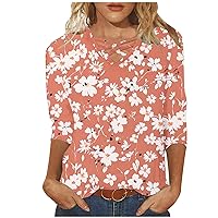 Womens Tops 3/4 Sleeve V Neck Cute Shirts Casual Floral Print Trendy Tops Three Guarter Length T Shirt Summer Pullover