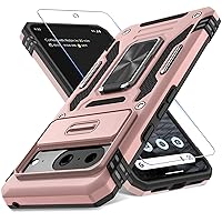 DEERLAMN for Google Pixel 8 Case with Slide Camera Cover+Screen Protector (1 Pack), Rotated Ring Kickstand Military Grade Shockproof Heavy Duty Protective Cover -Rose Gold