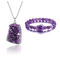 Jovivi Bundle of Amethyst Cluster Crystal Pendant Necklace and Amethyst Cluster Beaded Bracelet for Women Men