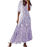 Womens 3/4 Sleeve Casual Boho A-Line Dress Frill Trim V Neck Maxi Dress Plus Size Fashion High Waist Beach Dresses