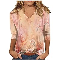 Sexy Tops, Sparkle Tops for Women Womens Tops Sexy Women's 3/4 Sleeve Shirt Ladies Fashion V-Neck Blouse Summer Tunic Print Trendy 2024 Tee Tshirt Plus Size Womens Clothing Brown (Orange,X-Large)