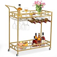 Bar Cart, Home Bar Serving Cart, Wine Cart with 2 Mirrored Shelves, Wine Holders, Glass Holders, for Kitchen Dining Living Room Outdoor, Gold
