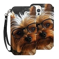 Funny Yorkie Wallet Cases for iPhone 12 with Card Holder - Flip Leather Phone Wallet Case Cover with Card Slots and Wrist Strap,6.1 Inch