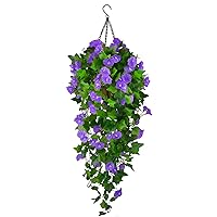 Hanging Planter with Artificial Hanging Vine Flowers, Plant Hanger UV Resistant Fake Plastic Faux Flower Morning Glory Fabric Wisteria Petunia for Indoor Outdoor Garden Porch Eave Balcony Wall Decor