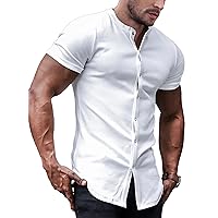 JMIERR Men's Muscle Slim Short Sleeve Snap Button Down T Shirts Crewneck Longline Gym Workout Athletic Knit Tees Shirt