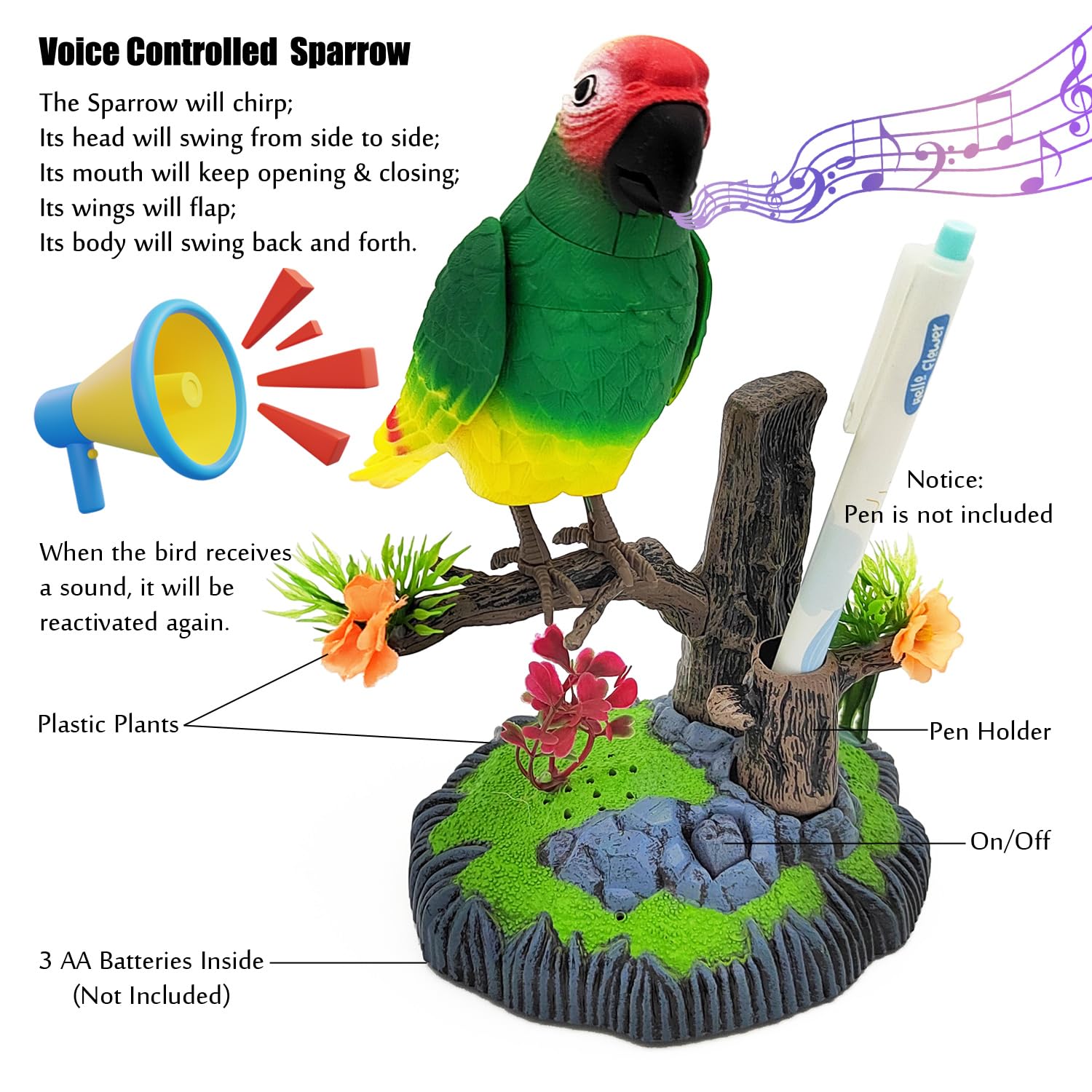 Tipmant Electronic Bird Toys Electric Parrots Animal Pets Move Chirp Realistic Home Office Room Decoration Kids Birthday Gifts (Green)