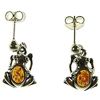 BALTIC AMBER AND STERLING SILVER 925 DESIGNER COGNAC DANGLING STUD FROG EARRINGS JEWELLERY JEWELRY