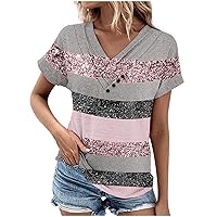 Women's Gradient Color Block Printed V-Neck Button Up T Shirt Tredny Comfortable Shirts Short Sleeve Casual Blouse Top