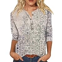 Camisas para Mujer, Casual Womens Tops 3/4 Sleeve Print Graphic Tops for Women Button Down Womens Blouses Dressy Casual Summer Tops Loose Pullover c2-Gray X-Large
