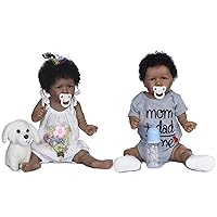Angelbaby Doll Cute Reborn Baby Twins Dolls Black Girl Boy Look Real 22 inch African American Reborn Newborn Doll Silicone Full Body Lifelike Ethnic Bebes for Children Toy Gifts 2PCS, White/Gray