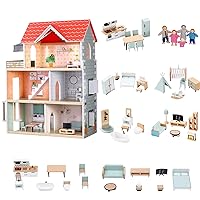 Giant Bean Wooden Dollhouse 2.6 feet High with Elevator, Doorbell, Light,52 Pieces Furnitures and 5 Dolls