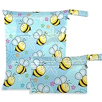 visesunny Cute Bee Blue Pattern 2Pcs Diaper Changing Totes Wet Bags with Zippered Pockets Washable Reusable Roomy Cloth Diaper for Travel,Beach,Daycare,Stroller,Dirty Gym Clothes,Wet Swimsuits,Toiletr