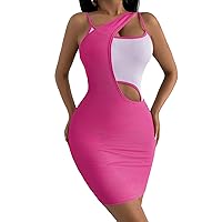Verdusa Women's Cut Out Asymmetrical Neck Colorblock Mini Cami Bodycon Dress