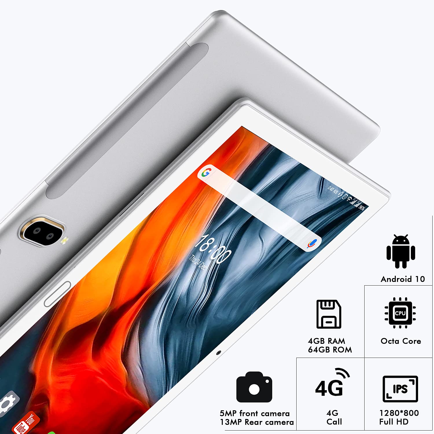 Tablet 10 inch Android 10.0 Tablet PC with 2 SIM Card Slot 4GB RAM 64GB ROM 128GB Expandable Octa Core 1.6GHz 1280x800 IPS 1080P FHD SD Type-C 6000mAh 13 MP Camera Bluetooth WiFi GPS OTG, White