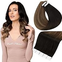 Full Shine Real Hair Tape in Hair Extensions 18 Inch Off Black Fading to Chestnut Brown and Honey Blonde 20 Pcs Invisible Tape in Hair Extensions 50g Human Hair Skin Weft Seamless Tape Hair