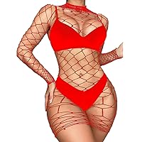 YiZYiF Womens Fishnet Bodycon Mini Dress Mock Neck Hollow Out Nightdress Mesh Sheer Club Party Dress Red One Size