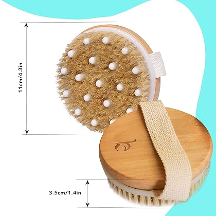 Dry Brushing Body Brush for Lymphatic Drainage & Cellulite - Round Dry Brush for Body Natural Bristle Body Brush for Showering - Skin Brush for Dry Brushing Bath and Exfoliating