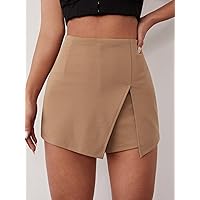 Shorts for Women Shorts Women's Shorts Solid Split Front Skort Shorts (Color : Camel, Size : Medium)