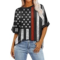Womens Red White and Blue Shirt Patriotic Shirts for Women 2024 American Print Vintage Fashion Loose Fit with Short Sleeve Round Neck Blouses Black Large