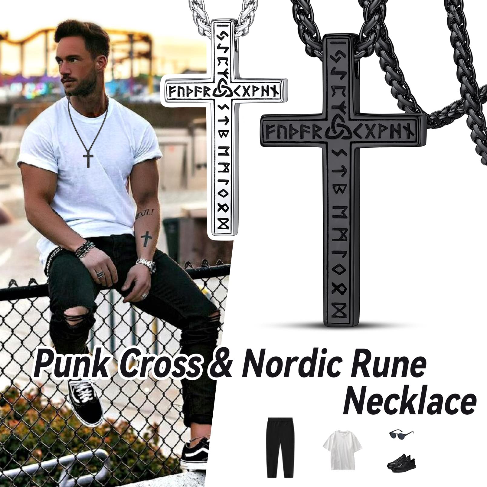 FaithHeart Cross Necklace for Men, Christian Crucifix Protection Amulet Pendant Necklace Stainless Steel Jewelry for Women