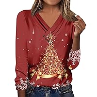 Women's Long Sleeve Tops Fall V Neck Blouses Loose Fit Button Christmas Day Prints Casual Tees Clothes, S-3XL