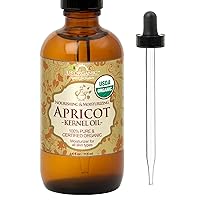 US Organic Apricot Kernel Oil, USDA Certified Organic,100% Pure & Natural, Cold Pressed Virgin, Unrefined in Amber Glass Bottle w/Glass Eyedropper for Easy Application (4 oz (Large))
