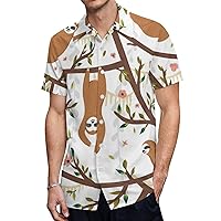 Tropical Pattern Funny Sloths Hanging Wildlife Hawaiian Shirt for Men Short Sleeve Button Down Summer Tee Shirts Tops