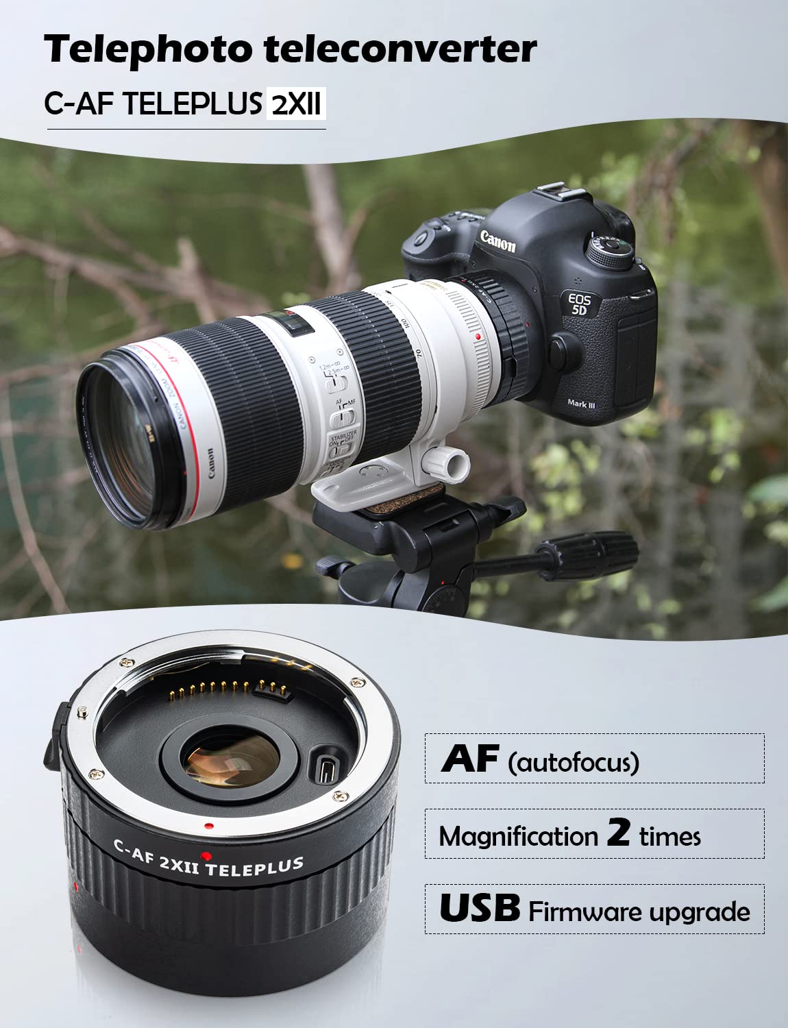Auto Focus 2.0X Telephoto Lens for Canon, VILTROX TELEPLUS 2.0X Teleconverter Auto Focus Telephoto Extender Lens Converter for Canon EF Mount Telephoto Lens 70-200mm 100-400mm and DSLR Camera 80D 5DII