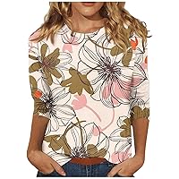 Classic Party Oversize Tops Women'S 3/4 Sleeve Father'S Day Comfy Thin Tunics Patchwork Crewneck Print Soft Multi 5Xl