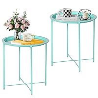 VECELO Side/End Table, Folding Round Metal Anti-Rust and Waterproof Outdoor or Indoor Tray for Living Room Bedroom Balcony and Office, 2 PCS, Green